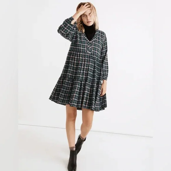 Madewell Flannel Colette Mini Dress Plaid Size 14 Cottagecore Winter Grunge - Picture 2 of 16